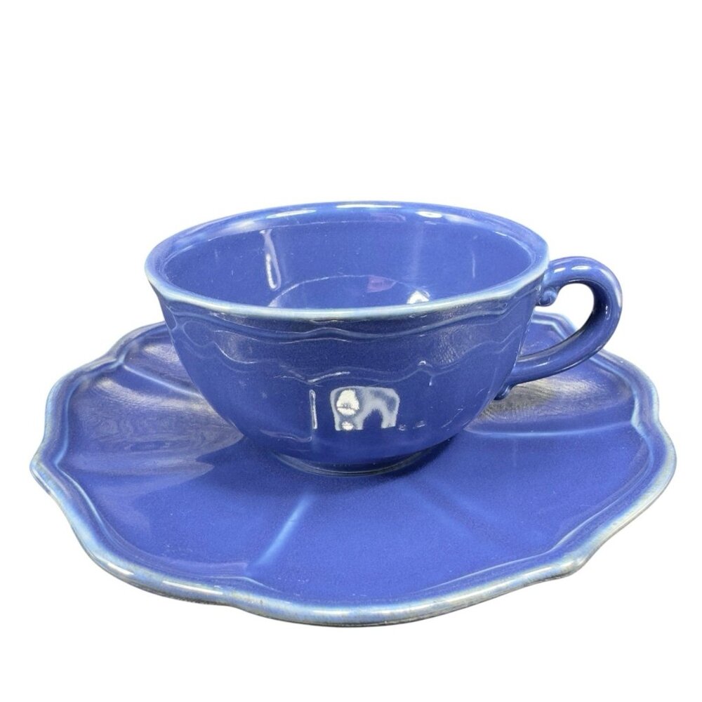 Pierre Deux Blue Teacup And Saucer Set Ceramic Made‎ In Portugal Cup Plate Set